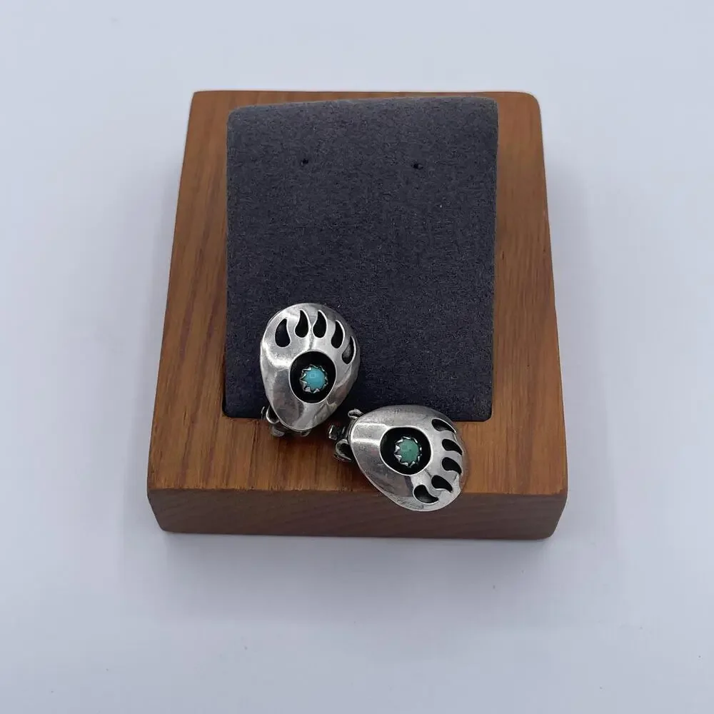 Southwestern Sterling Silver Navajo Turquoise Bear Paw Clip-On Earrings Vintage